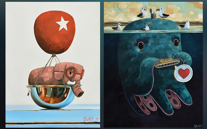 The whimsical world of painter Nathan Durfee feels as familiar as it